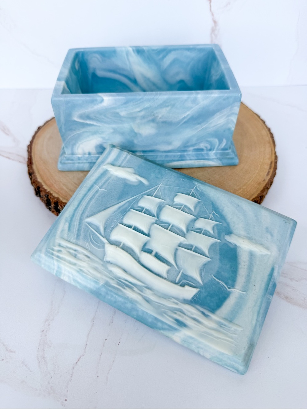 Vintage Tall Ship Blue & White Swirl Incolay Lidded Box Coastal Americana Decor